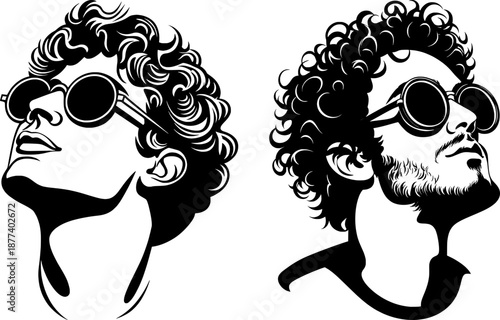 Set of artistic male portraits in high contrast style. Stylized illustrations of young men with curly hair and sunglasses, minimalist black and white vector art for fashion and lifestyle.