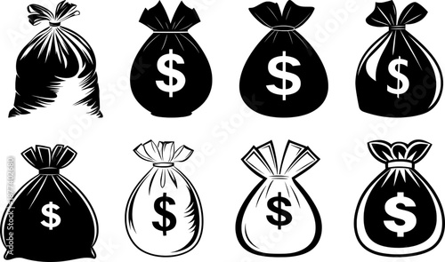Set of money bag icons with dollar sign. Currency sacks in different graphic styles, from solid silhouettes to detailed line art for banking and finance concepts.