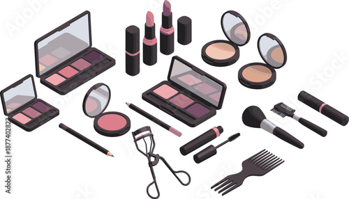 Isometric makeup cosmetics tools illustration set, lipstick palettes brushes beauty accessories, fashion vector isolated on white