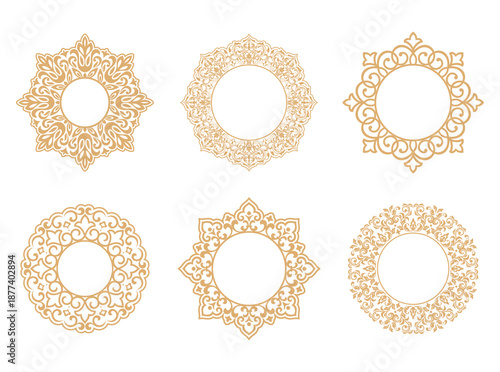 Set of decorative frames Elegant vector element for design in Eastern style, place for text. Floral golden and white borders. Lace illustration for invitations and greeting cards