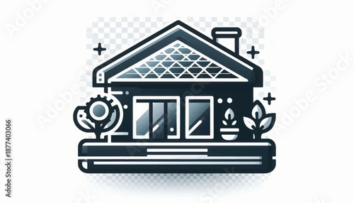 Simple House Icon with Plants and Gear.