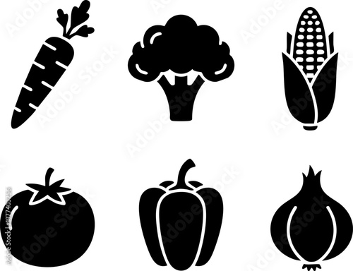 Set of 6 Minimalist Vegetable Icons Flat Black Silhouettes Carrot Broccoli Corn