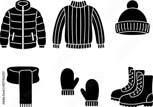 Set of 6 Minimalist Winter Clothing Icons Flat Black Silhouettes Jacket Sweater Scarf Mittens