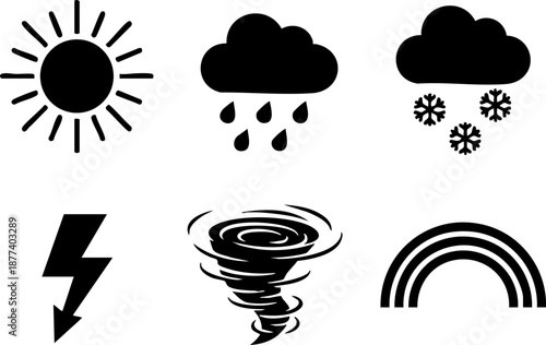 Set of 6 Minimalist Weather Icons Flat Black Silhouettes Sun Rain Snow Tornado