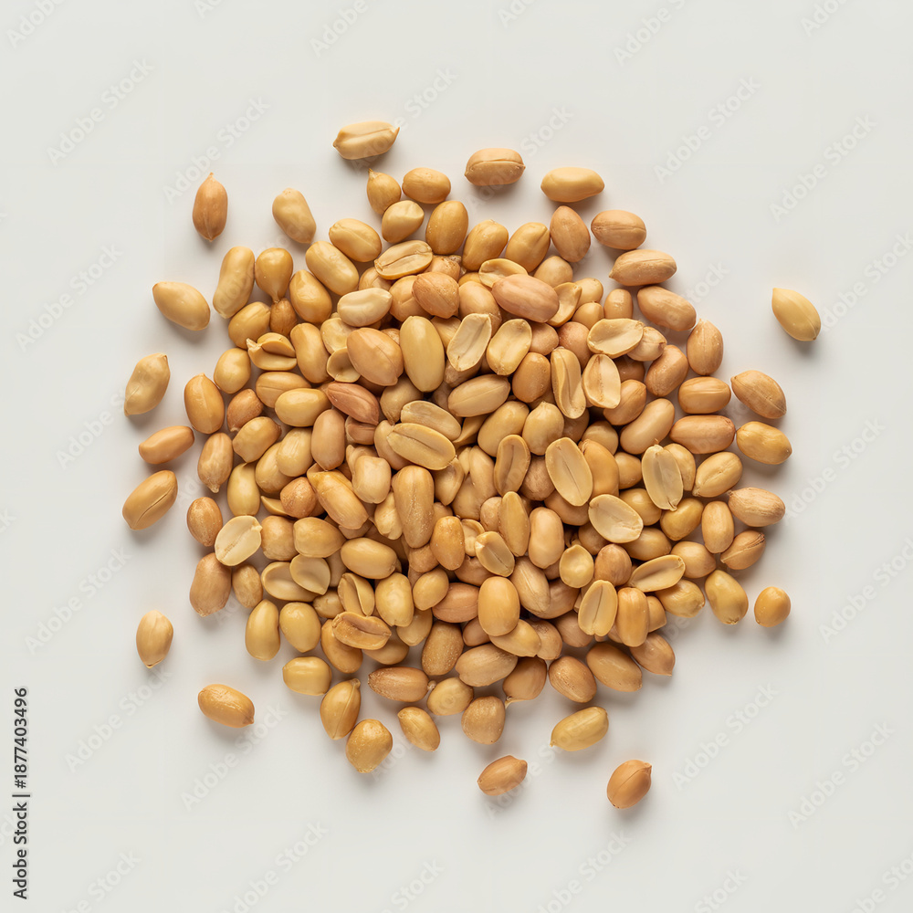 Fototapeta premium Raw shelled peanuts with split kernels spread on light surface closeup natural nut snack protein food rustic photography image