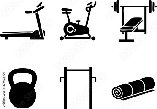 Gym and fitness equipment icon set including treadmill bike and kettlebell Pure black silhouettes isolated on white background