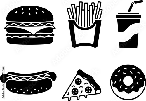 Fast food and junk food icon set including burger pizza and fries Pure black silhouettes isolated on white background