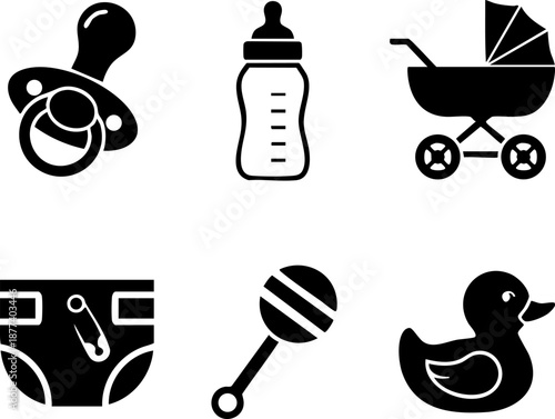 Set of 6 Minimalist Baby Icons Flat Black Silhouettes Stroller Bottle Pacifier