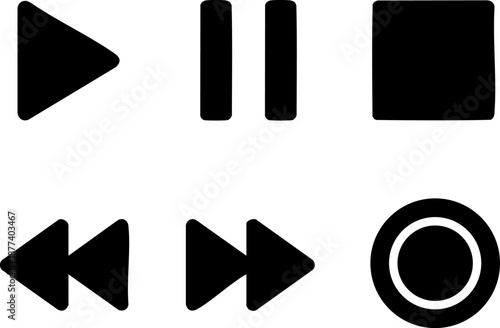 Set of 6 Media Player Control Icons Flat Black Minimalist Buttons Play Pause Stop