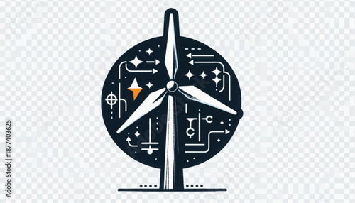 Wind Turbine Icon with Circuit Elements.