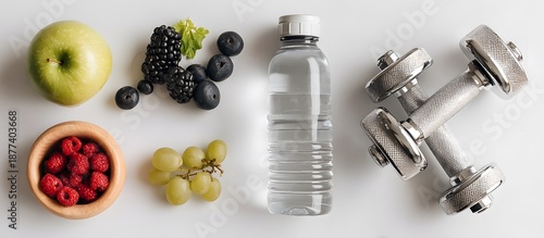 Water bottle, dumbbells, measuring tape, diet food, copy space, vegetables, fruits. Weight loss and healthy lifestyle concept.