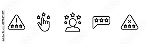 Review feedback stars vector outline icon set, rating evaluation symbols for quality check, customer satisfaction, and user experience.