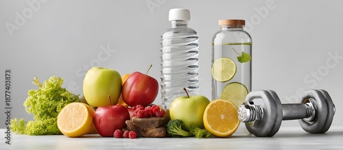 Water bottle, dumbbells, measuring tape, diet food, copy space, vegetables, fruits. Weight loss and healthy lifestyle concept.