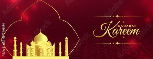 shiny red ramadan kareem golden banner design