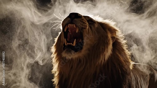 A regal lion, captured mid-roar with a powerful display of teeth and mane, backed by dramatic fog