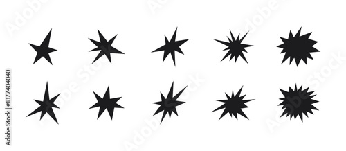 Irregular star shape icons set. Abstract starburst symbol. Comic burst sticker. Graphic design collage element. Spiky cartoon figure. Vector illustration isolated on white background.