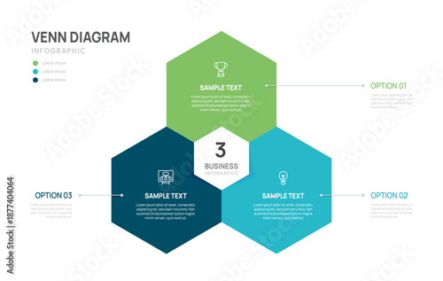 Venn diagram infographic geometric chart template for business 3 options presentation and icon elements, 3 steps business success.