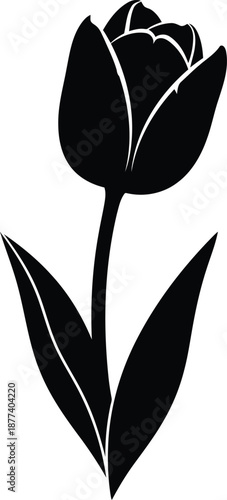 Black silhouette of a single tulip flower with two leaves