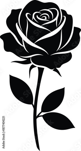Black silhouette of a single rose with stem and leaves