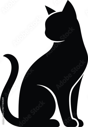 Black silhouette of a sitting cat with a curved tail