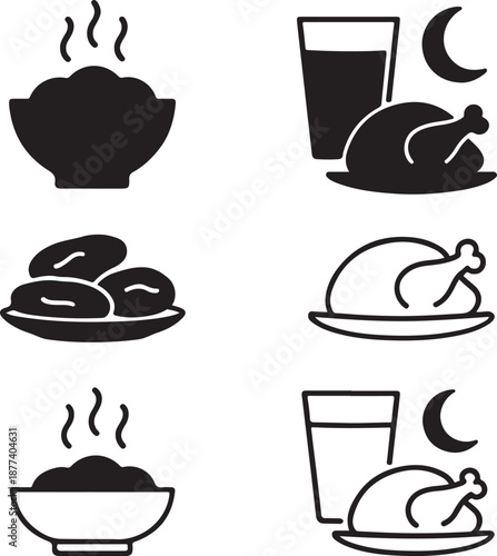 Isolated iftar food icon set, ramadan iftar meal food icons, islamic iftar food collection design, iftar food icon set for ramadan menu and branding