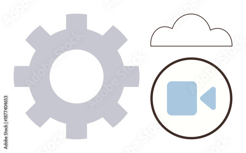 Cloud computing, digital media, video technology, online storage, file sharing, system integration. Gear, cloud and video camera icons in minimalist style. Cloud computing and digital media concept
