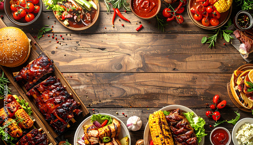An abundant flat lay American BBQ assortment of grilled ribs, brisket, and sausages, set against a rustic dark wooden background, perfect for culinary inspiration and food photography