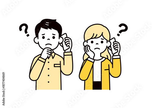 スマホで会話しながら疑問に思う、20代・30代の男性と女性・夫婦のベクターイラスト素材セット