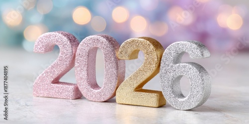 gold glitter numbers 2026 on a colorful background with a bokeh effect
