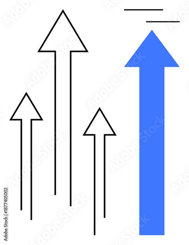 Bold blue arrow contrasting smaller black arrows, representing progress, leadership, success, and innovation. Ideal for growth, business strategy, competition, teamwork leadership ambition simple
