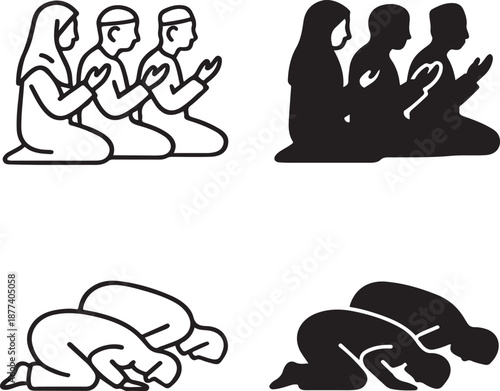 Isolated prayer people silhouette icon, muslim people praying together scene, islamic prayer community design, prayer people silhouette for worship and branding