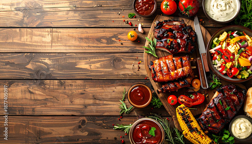Rustic flat lay BBQ with grilled ribs, sausages, corn, fresh salad, sauces on dark wood. Ample copy space for food promotions