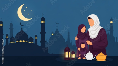 Mother and child in traditional attire sitting with tea at night with mosque silhouette and crescent moon