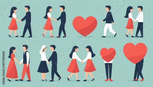 six assorted romantic couple icons arranged in two rows, flat color style with soft shading, simple plain background