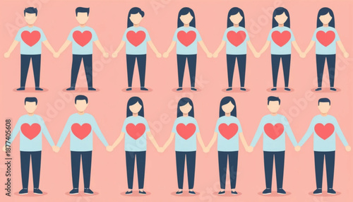 six assorted romantic couple icons arranged in two rows, flat color style with soft shading, simple plain background