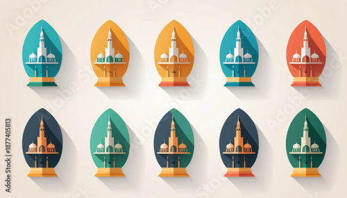 Illustration of a flat colored mosque icon with a plain background