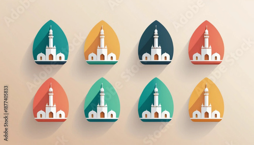 Illustration of a flat colored mosque icon with a plain background