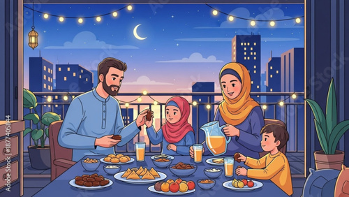 Family enjoying iftar meal on rooftop with city skyline at dusk string lights and crescent moon
