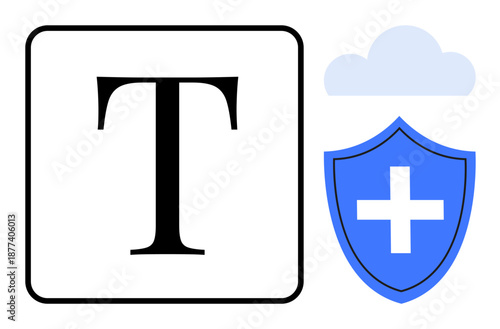 Cybersecurity, data storage, healthcare safety, cloud computing, digital protection, online privacy. Text element, shield with a plus sign and cloud. Cybersecurity and data storage concept