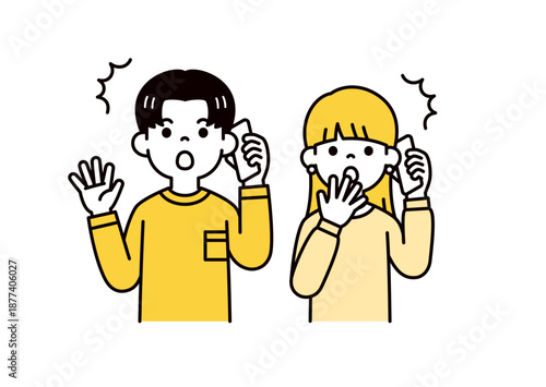 驚いた表情でスマートフォンで通話する、若い男女・カップル・学生のベクターイラスト素材セット