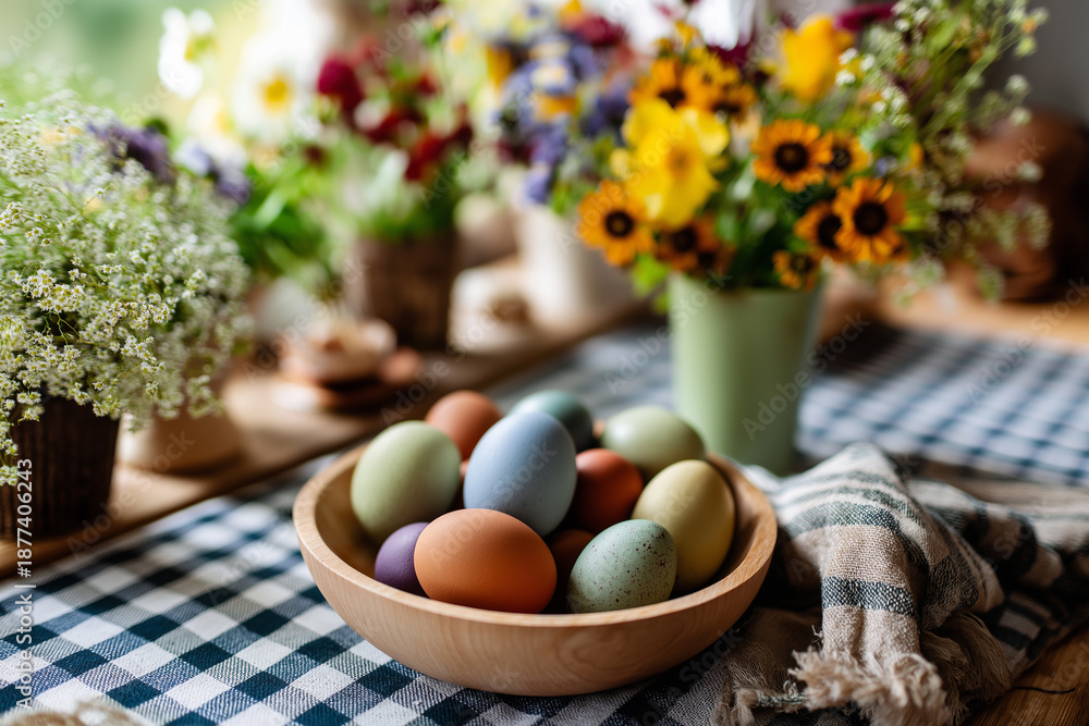 Obraz premium Vibrant hand-dyed eggs rest in a wooden bowl on a rustic table adorned with fresh spring flowers Generative AI