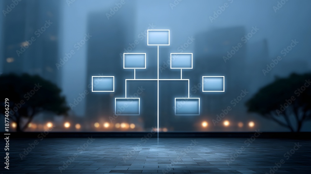 Obraz premium Glowing organizational diagram against a misty urban skyline
