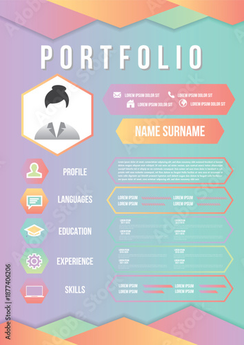 Modern Portfolio Design: An aesthetically pleasing portfolio template design with space for a profile picture and various sections for showcasing skills, experience, and education.