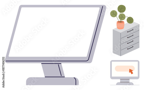 Office workspace, technology design, home office decor, user interface elements, business tools, digital communication. Large computer monitor, desk with small plant, small screen with a cursor