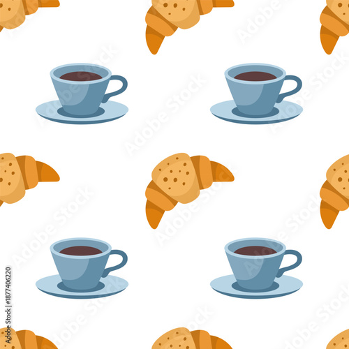 Cartoon Blue Cup of coffee, tea, hot chocolate, cocoa and Croissant seamless pattern. Vector illustration. Flat design. French pastries texture
