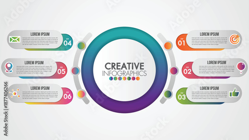 Creative Infographics: A sleek and modern infographic design, featuring a central circle and six surrounding data points, designed to convey information in a visually engaging way. 