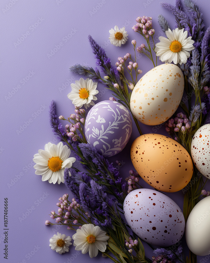 Obraz premium Colorful Easter eggs are artistically arranged with delicate flowers on a soft lavender surface Generative AI