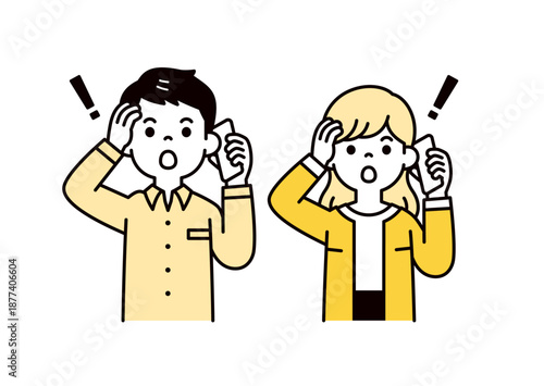 スマートフォンで通話中に思い出す、若い男女・会社員・夫婦の上半身ベクターイラスト素材セット