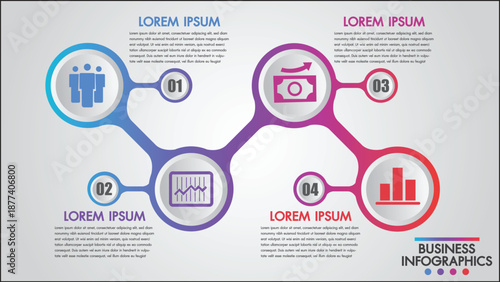 Business Infographic Presentation: Clean and organized infographic with interconnected circles, numerical labels, and concise Lorem Ipsum text boxes represents data and information visually.
