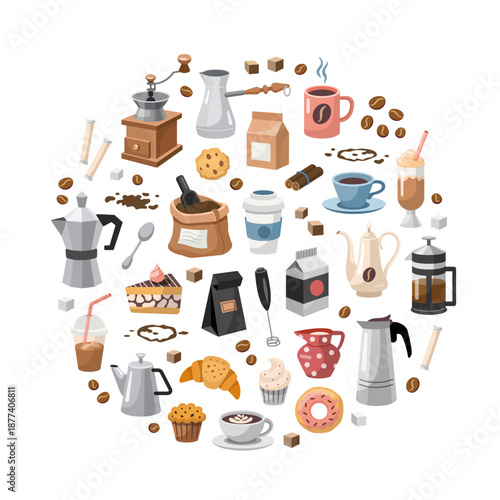 Coffee drink elements set. Vector cup, coffee beans, Turkish coffee pot, cinnamon sticks, sugar, spots. Round design. Vector collection